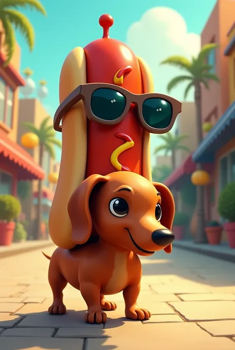 Draw a hotdog man with sunglasses riding a dachshund