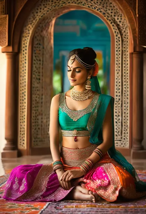 A stunningly beautiful young Indian woman in a vibrant, traditional bare midriff top, adorned with intricate beadwork and colorful embroidery that reflects her cultural heritage. Her soft, flowing skirt reaches her ankles, allowing a glimpse of her silver ...