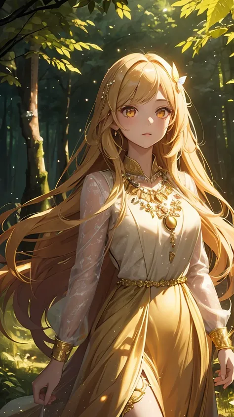 Girl1,bright golden eyes,long golden hair,hair clip,gold crystal embellished dress,forest,walking,night,bright glowing butterflies,pearl necklace,best quality,high detail,very detailed,high quality background