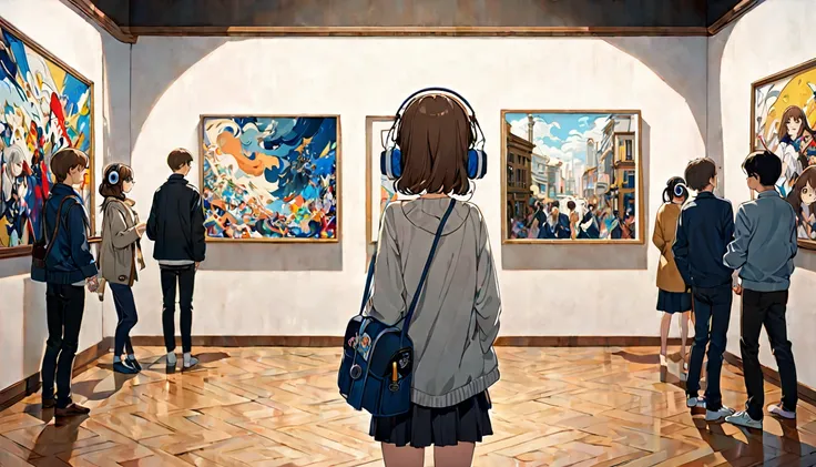 A 20-year-old girl with brown hair and headphones、Scene of people appreciating artworks in an art gallery。 background：Modern art gallery interior。 expression：感動しながらも落ち着いたexpression。 Costume：Simple and stylish casual style。 Pause：Stop、Staring intently at a ...