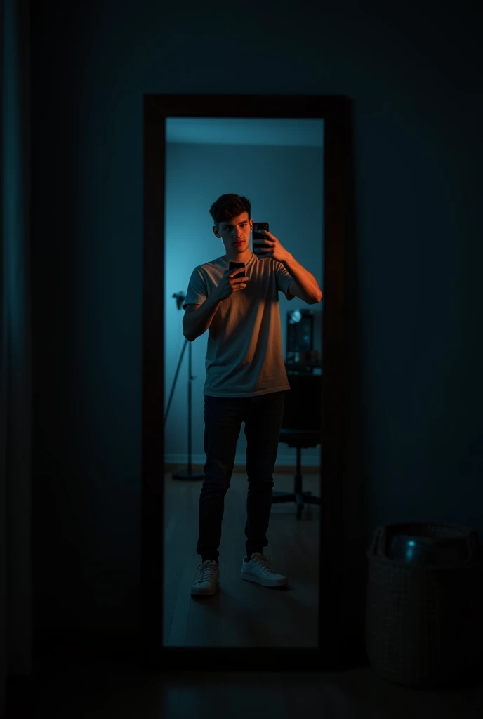 A 22-year-old man taking a photo in front of the mirror in casual clothes in a dark room