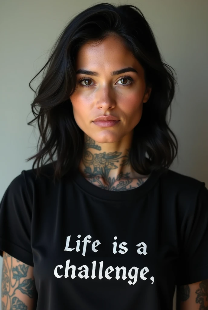 40 year old white woman with light eyes, shoulder length black hair, tattooed body, wearing a black shirt with the words Life is a challenge written on it 