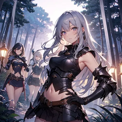 A group of  female knight, (in forest), various hair styles, harem, wearing armored clothes, metal armor, night, details face, , short skirt, seducing, sword, showing armpits, sleeveless, midriff 