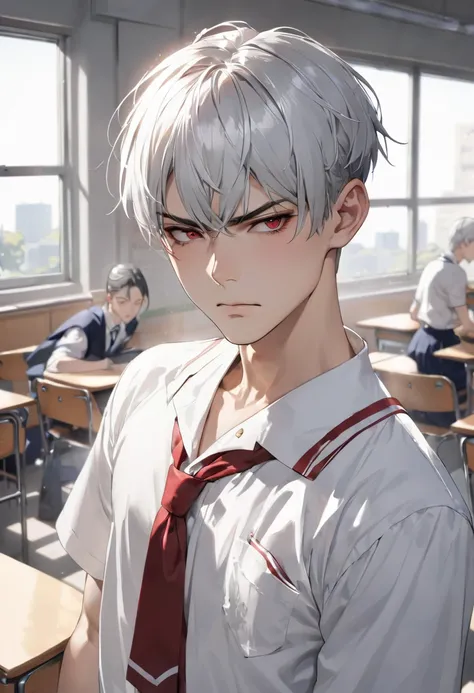 (school life style), (solo:2, 16 yo) (beautiful detailed crew cut) (best silver hair very short hair) (divine fighter guy) (detailed cool red eyes) (serious face), (in a detailed boys white japanese high school uniform), break, in the school classroom, bac...