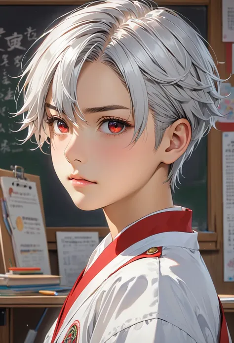 (school life style), (solo:2, 16 yo) (beautiful detailed crew cut) (best silver hair very short hair) (divine fighter guy) (detailed cool red eyes) (serious face), (in a detailed boys white japanese high school uniform), break, in the school classroom, bac...