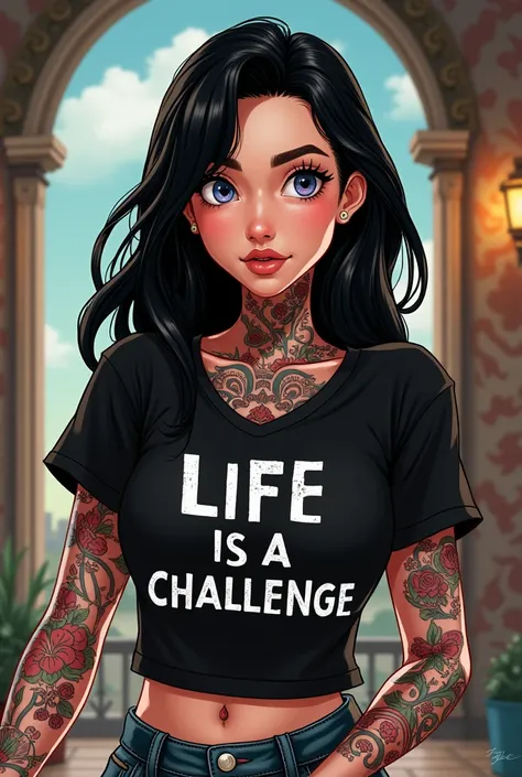 Disney Drawing 40 year old white woman light eyes black hair shoulder length with tattooed body wearing black shirt with the words Life is a challenge 