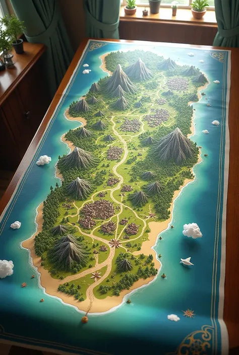 On a table A large map illustrated with landscapes such as , mountains, a town and city and forests