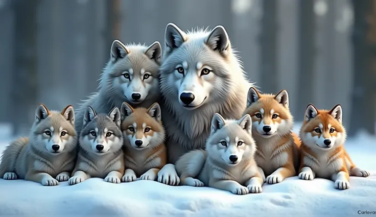 Create a hyper-realistic, photorealistic image of a stunning savage wolfs family. The family includes a majestic father wolf, a graceful mother wolf, and five wolf pups of various ages. Each wolf displays unique colors and fur patterns, showcasing a rich d...