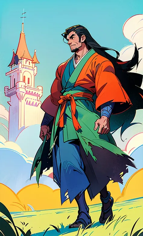 make a young and strong fighter, He is muscular and has long hair and wears a kimono with torn sleeves, he will be walking through a grassy area with a castle in the background, and the strong wind blowing, he walks in front of us