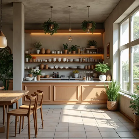 A bakery, where the furniture is brown and white and decorative plants
