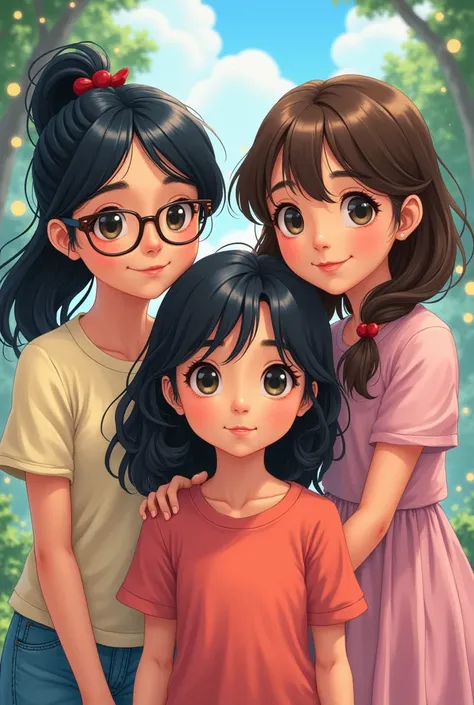 3 girls, one with glasses and black hair tied in a ponytail, the other with loose black hair without glasses, a girl with loose brown hair, somewhat Chinese, disney version 