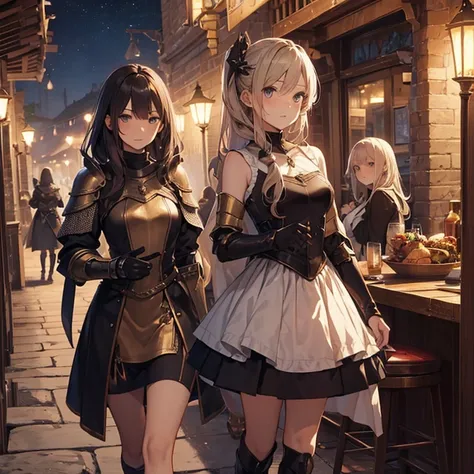 A group of  female medieval fantasy adventurers, (in tavern), various hair styles, harem, night, details face, short skirt, seducing, sleeveless, armor, multiple girls 