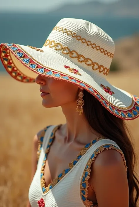 I want a white straw hat with blue and red that has gold embroidery.