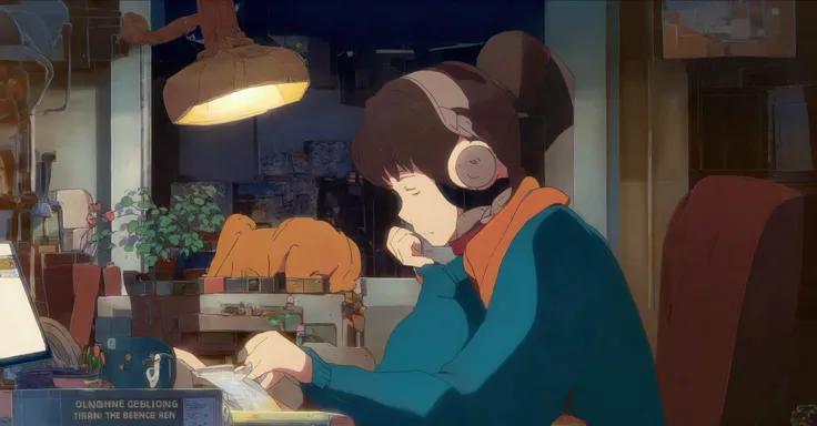 A young woman with brown hair "praise" Branded headphones, sitting at a wooden desk writing in a notebook. She is wearing a green sweater and a red scarf. The setting is cozy, There is a view of the city from the window、Dimly lit night room. On the desk is...