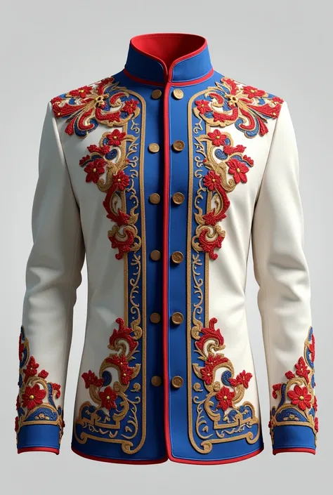 I want a white shirt with blue and red that has gold embroidery