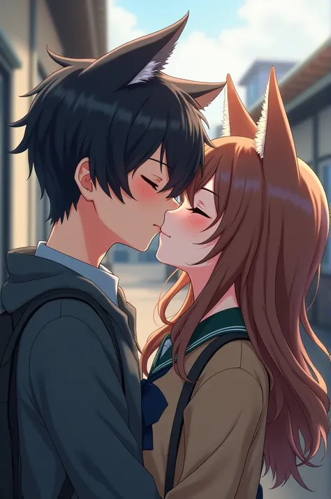 Realistic 2D anime drawing teenage boy black hair cat ears closed eyes school clothes kissing girl with long brown wavy hair wolf ears closed eyes school clothes