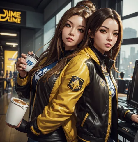 a woman in a yellow jacket holding a cup of coffee, extremely detailed artgerm,  anime drinks energy drink, Senna do League of Legends, lovely Brigitte de Overwatch, Brigitte de Overwatch, ruan jia and artgerm, trending artgerm, Faye Valentim, like artgerm...