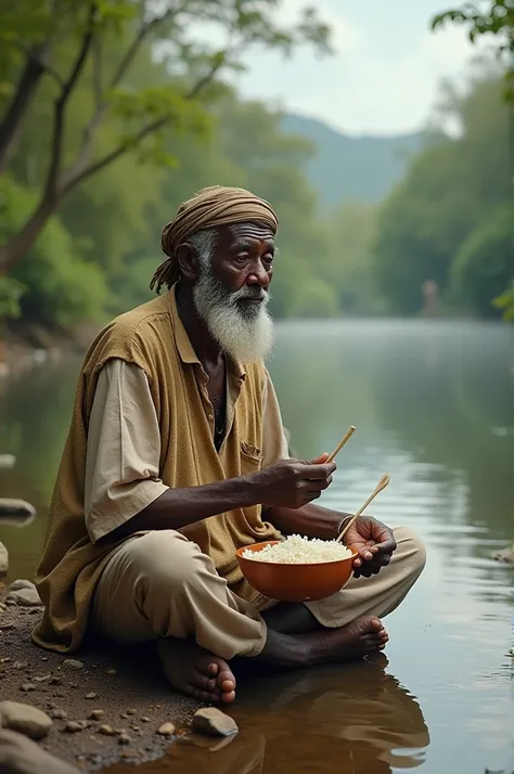 A 90 year old African man eats rice by a river 