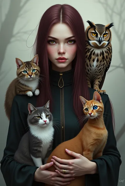 Now I want you to create a woman with straight hair, maroon, com os olhos castanhos, clearing, sambancelha, same hair color, with an owl on his shoulder, hole-maker, owl with yellow eyes, gray and white cat in her arms, gato branco e maroon do lado dela co...