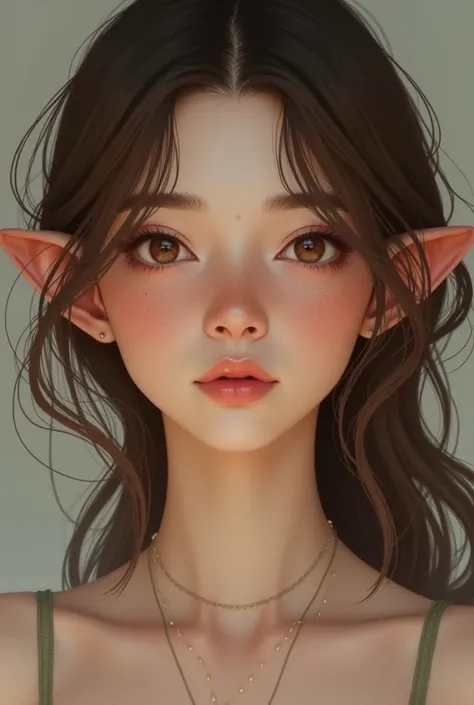 One young woman, Woman, slightly wavy hair, light brown in color, medium length, slightly slanted brown eyes, white, full mouth, with freckles, floppy ears, medium nose a little thin, thin face