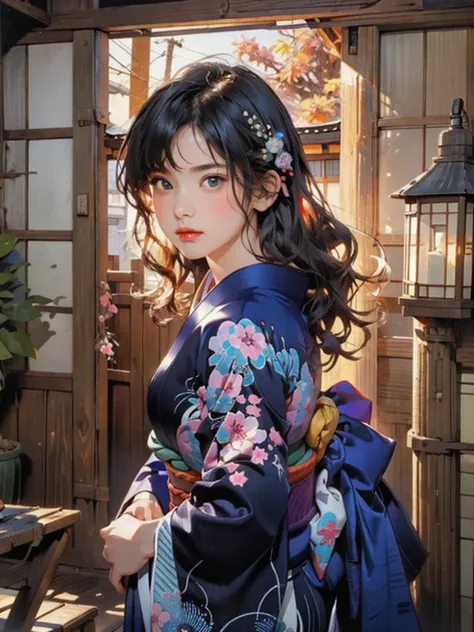 (highest quality、8k、32k、masterpiece)、(masterpiece, up to date,Exceptional:1.2), Anime, One girl,Front hair,black_hair, Beautiful 8k eyes,Looking_in_Audience,One person in,Are standing,((Very beautiful woman, Fuller lips, Japanese pintern kimono))、((Colorfu...