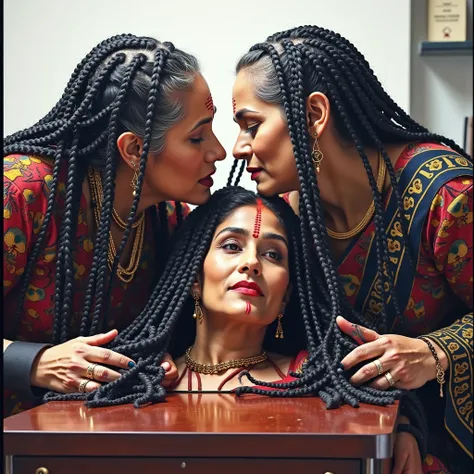 in luxerius office items sorrounded bright lighted modern indian office,three 65 years old mature eldery indian ladies in root scalp cornrow braided hairs licking head scalps of each others,one lady crawling on to of the table and other two ladies kneeled ...