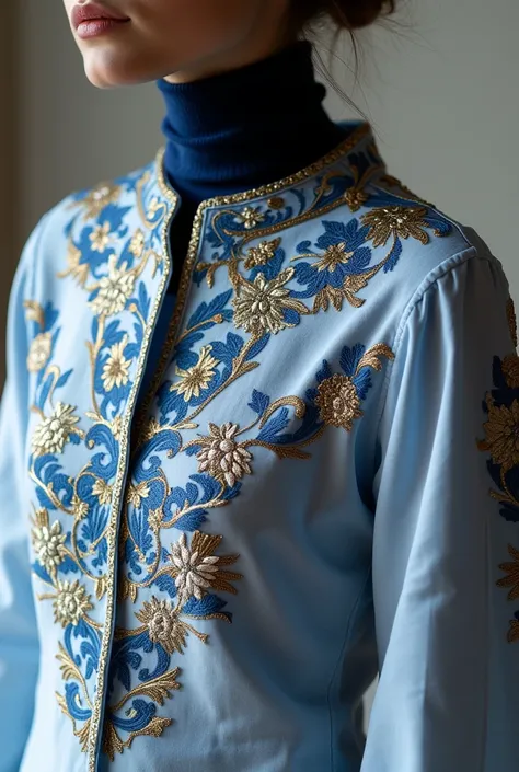 I want a blue and white shirt with gold embroidery.