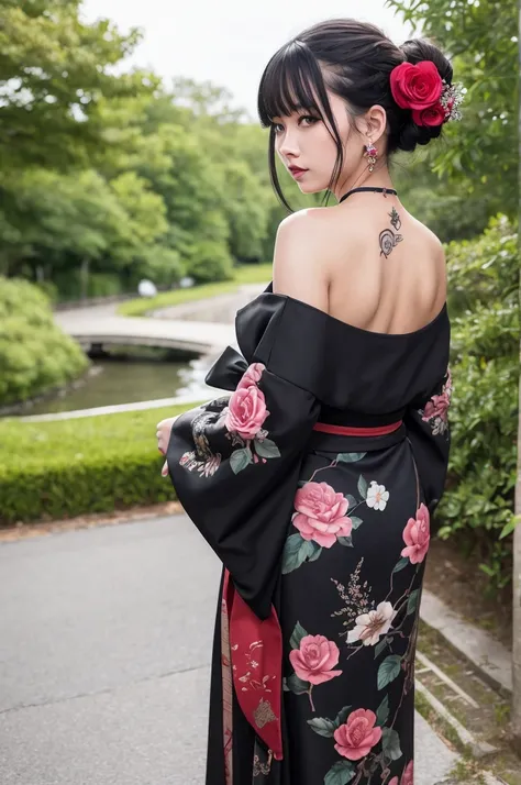 masterpiece, top quality, best quality, official art, beautiful and aesthetic:1.2),1girl, tattoo, solo, japanese clothes, red and black kimono, hair ornament, unsheathing, black hair, sheath, back tattoo, flower tattoo, blue eyes, off shoulder, bare should...