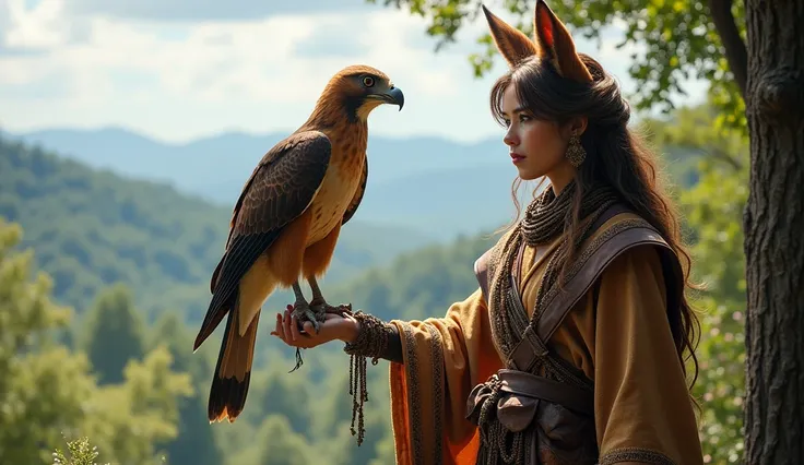 Create an image of a character with animal features, such as ears or a tail, wearing a traditional outfit and interacting with a bird of prey that is perched on their arm. Incorporate a panoramic view and a wooded environment