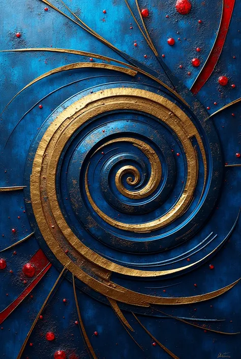 Metallic blue background with golden spiral crossed lines and red sparkles, A4 size