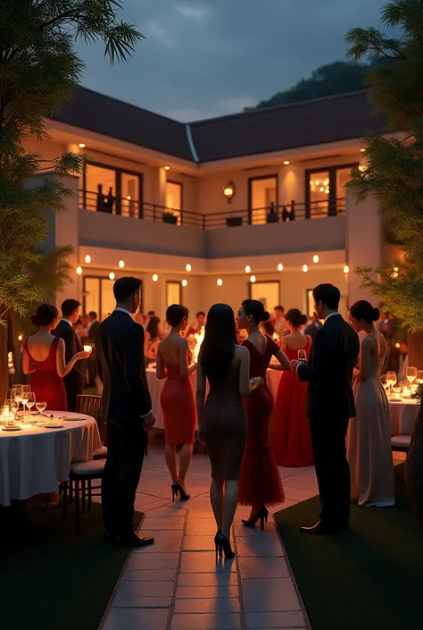 80s style，A group of fashionable people，Chinese，Parties，In the villa garden，On the rooftop，Night，evening，reunion，Reception，wine，Wine glass close-up，Wine Tasting，Suit，High heel（Rich details），（Best quality），Film Style