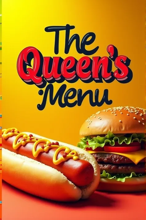 I want a hot dog and hamburger sales design with yellow colors, orange and more black for a banner and to bear the name the Queens  , add it as a menu 
