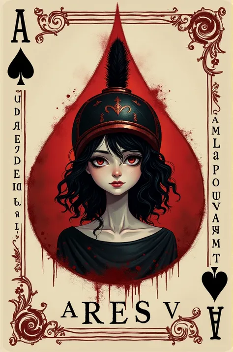 I would like an image of a playing card, It has the symbol of a drop of blood (🩸) as suit, in its center there is a girl with curly hair who does not show her rest, on his head is a helmet like that of the Greek god Ares, there are some words in greek