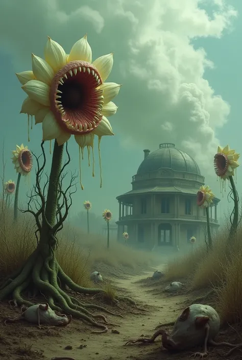 Field with large flowers with mouths, exposed roots, expelling a poisonous gas, with dead animals.
A house in the background The house is in a dome