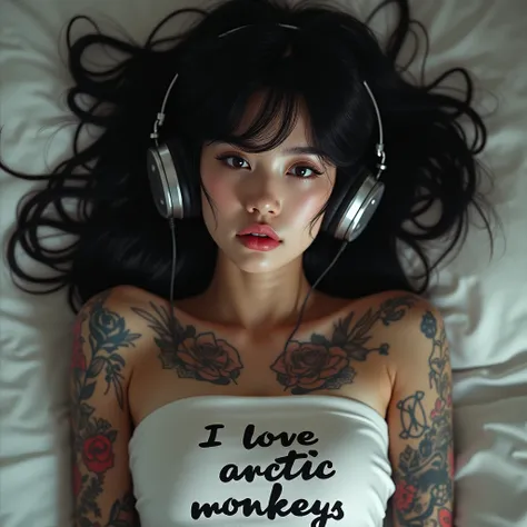 Beautiful black-haired Asian Girl, inexplicable beauty, beautiful eyes, beautiful lips, and beautiful long black hair, with small waves at the ends, with tattoos, and a short white shirt with a message that saids "i love arctic monkeys", lying on the bed p...