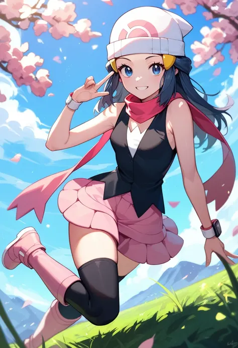 masterpiece, Best Quality, 1 girl, dawn (Pokémon), cap, by the wide, For the blue, blue eyes, Black sleeveless shirt, pink scarf, pink skirt, pink boots, smile, looking at the viewer, field background,sexy