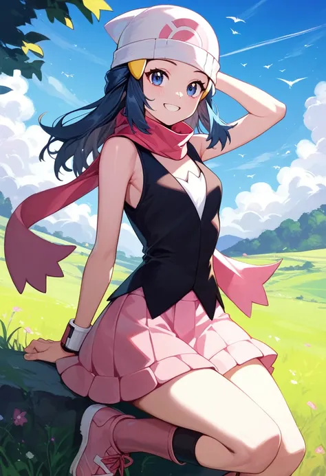 masterpiece, best quality, 1 girl, dawn \(pokémon\), cap, by the wide, for the blue, blue eyes, black sleeveless shirt, pink sca...