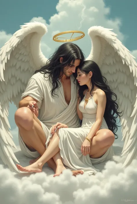 1 girl,long black hair,big breasts,angel,angel wings,halo,white tunic,languid,air is heavy,sitting,Right knee up,Right elbow on right knee,holds a cigarette in his right hand,exhaling cigarette smoke from his mouth,heaven,floor is made of fluffy clouds