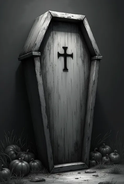 A Tim Burton style drawing of a coffin on a plain Tim Burton style background, darkness, negro