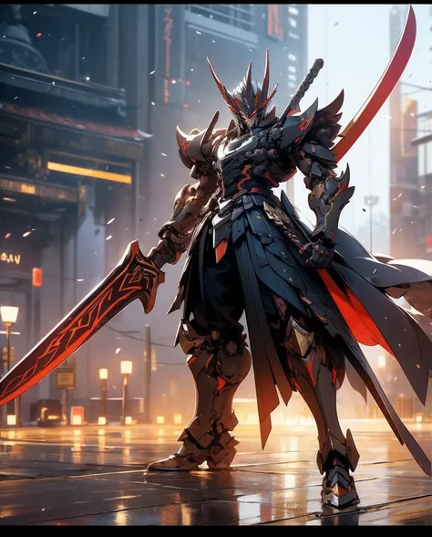 super wide shot, full body frontal photo,mecha male warrior，the heroic demeanor of the three kingdoms,《mech color: red and dark ...