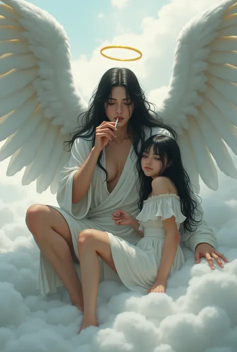 1 girl,long black hair,big breasts,angel,angel wings,halo,white tunic,languid,sluggish.empty eyes,half-closed eyes,sharp eyes,open eyes,air is heavy,sitting,Right knee up,Right elbow on right knee,holds a cigarette in his right hand,exhaling cigarette smok...