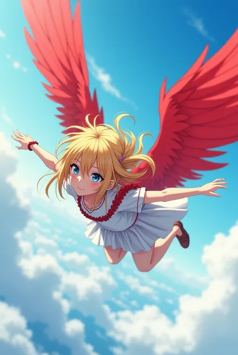 blonde girl, with red wings and the features of the anime boku no hero. she is flying in the sky alongside his brother, Takami Keigo