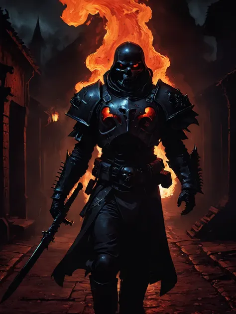 (masterpiece, best quality:1.2), (absurdres, highres, ultra-detailed), (perfect anatomy), a sinister vampire assassin wearing a black shiny armor metal skull helmet walking in a burning village, (intricate:1.4) studio red lighting, dark background, imposin...