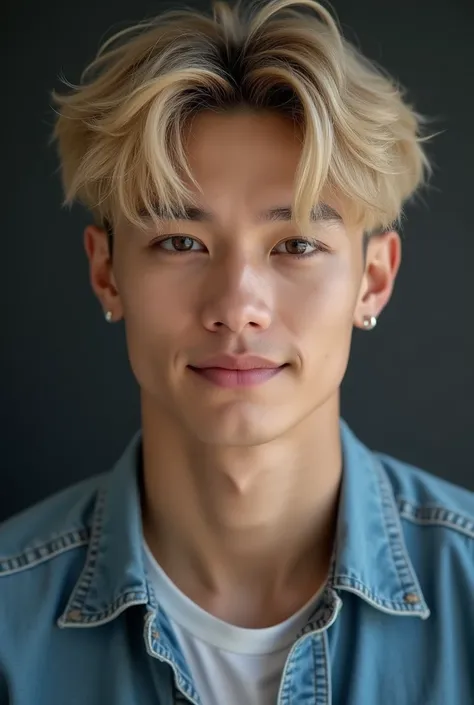 ((top-quality, 8K, ​masterpiece: 1.3))、cool korean boy, 20yr old、Blonde hair, Well-formed face、Handsome nose、Eyes and faces with detailed、beautiful  lighting、(studio)、Ultra High Resolution、（looking looking at viewer）、Detailed mouth、a smile、full bodyesbian:...