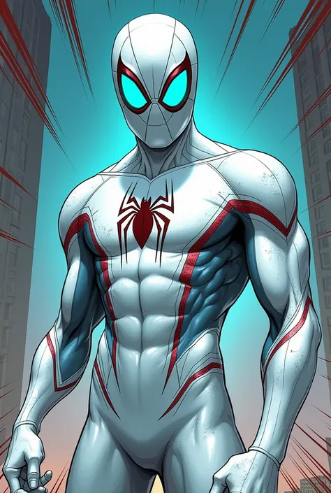 spider man with but in a white suit with bright turquoise eyes in comic book style art