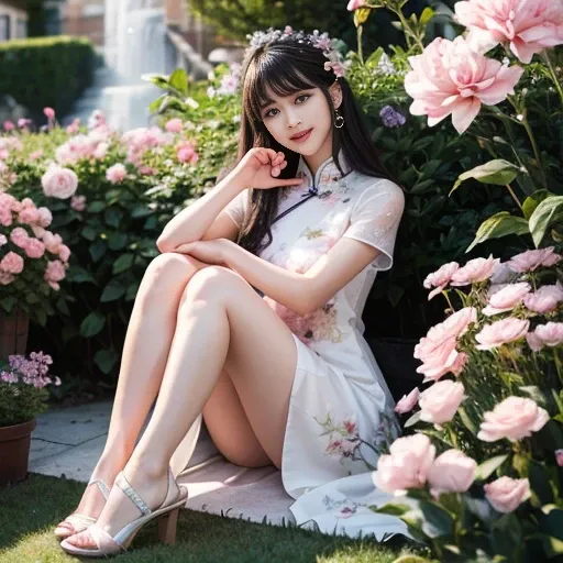 best quality, Delicate face，beautiful visual work, lifelike,  eternity, black hair, Long curly hair, blunt bangs, Smile, In the flower garden, flower, Detailed Background,  Delicate face，pink blush，cold，((masterpiece))、(top quality)、8k、high detail、Super de...