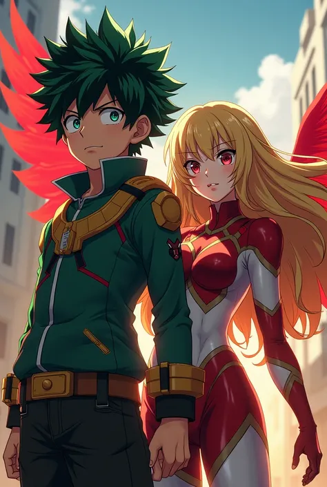 My hero academia Izuku Midoriya next to a blonde with red wings and honey-colored eyeliner and heroine costume