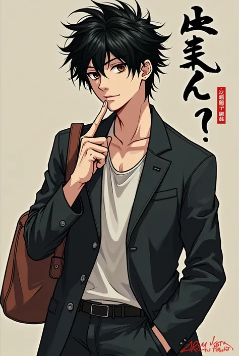 hombres (( chico)) (((19 years))) black-haired arafed chico  with a bag,  buen cuerpo , kentaro miura style!!!!, toru furuya, handsome japanese demon chico, kentaro miura!, de Ike no Taiga, inspirado en Yamagata Hiro , with the index finger, fukaya yuichir...