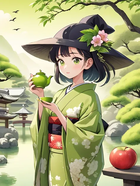 japanese woman wearing kimono,  japanese style japanese garden witch, cartoon, holding apple green tea, japanese environment bac...