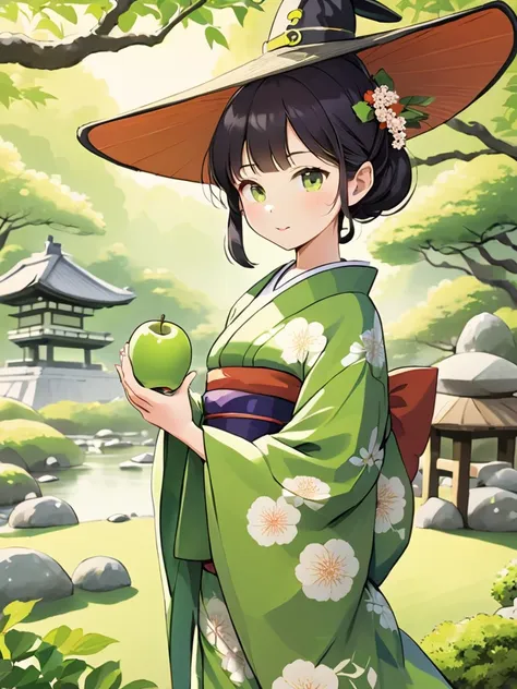 japanese woman wearing kimono,  japanese style japanese garden witch, cartoon, holding apple green tea, japanese environment bac...